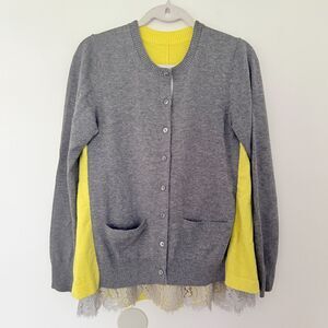 Sacai Wool Blend Lace Docking Gray Yellow Paneled Knit Japan Cardigan Sz 2 (M)